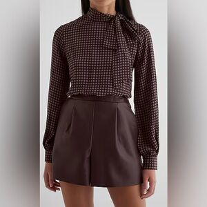 Express Printed Faux Leather Tie Neck Long Sleeve Romper XS